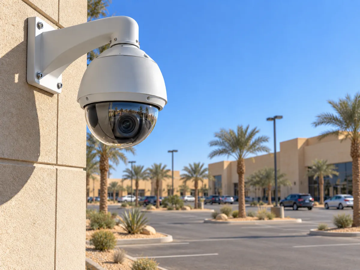 كاميرا PTZ قبّة بيضاء على حامل جداري عند ركن مبنى تجاري تطل على موقف واسع